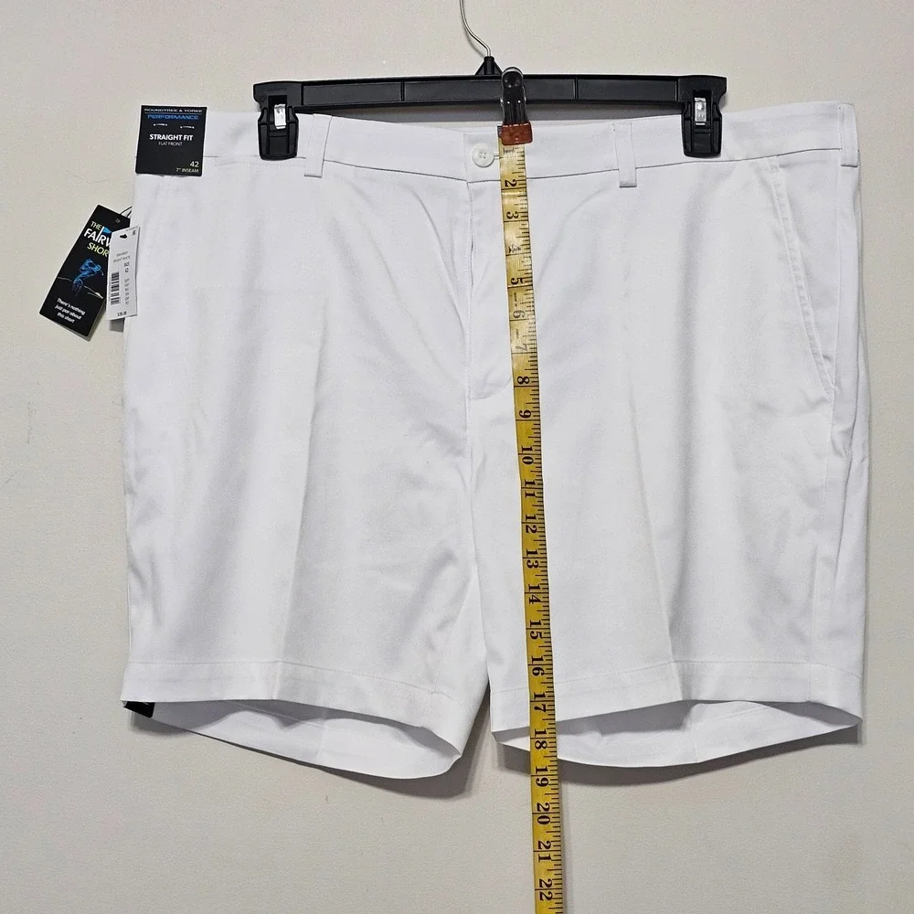 Men Shorts 42X7 White Straight Fit Flat Front Elastic Waistband Performance 1015